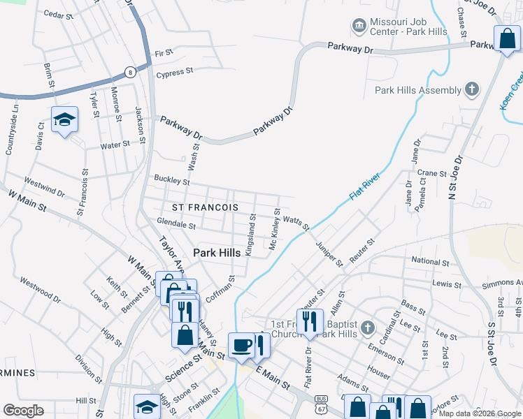 map of restaurants, bars, coffee shops, grocery stores, and more near 201 Buckley Street in Park Hills