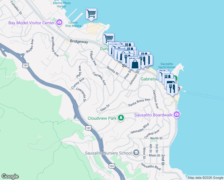 map of restaurants, bars, coffee shops, grocery stores, and more near 100 Cazneau Avenue in Sausalito