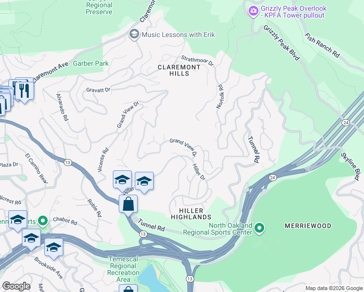 map of restaurants, bars, coffee shops, grocery stores, and more near 1850 Grand View Drive in Oakland