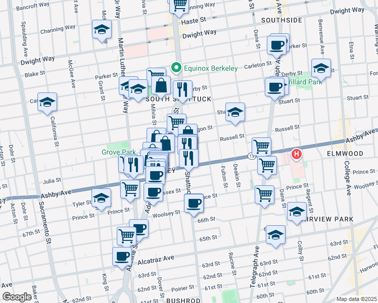 map of restaurants, bars, coffee shops, grocery stores, and more near 2911 Shattuck Avenue in Berkeley