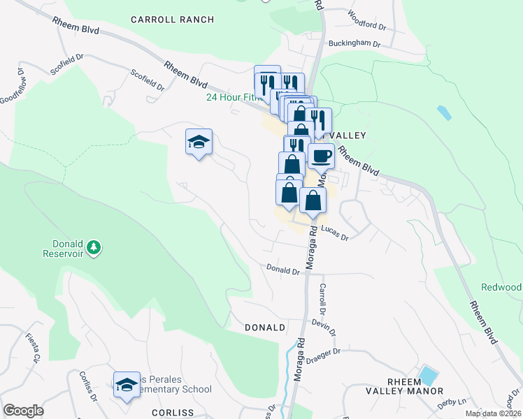 map of restaurants, bars, coffee shops, grocery stores, and more near in Moraga