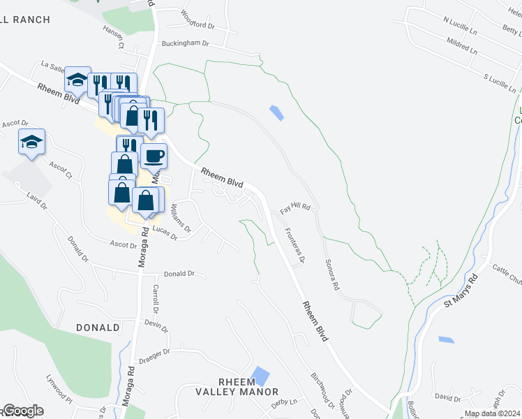 map of restaurants, bars, coffee shops, grocery stores, and more near 21 Vía Barcelona in Moraga