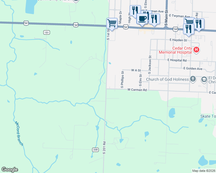 map of restaurants, bars, coffee shops, grocery stores, and more near 1705 South 1st Street in El Dorado Springs