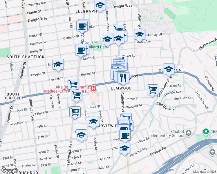 map of restaurants, bars, coffee shops, grocery stores, and more near 2953 Hillegass Avenue in Berkeley