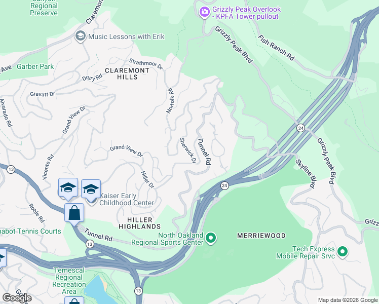map of restaurants, bars, coffee shops, grocery stores, and more near 6855 Sherwick Drive in Berkeley