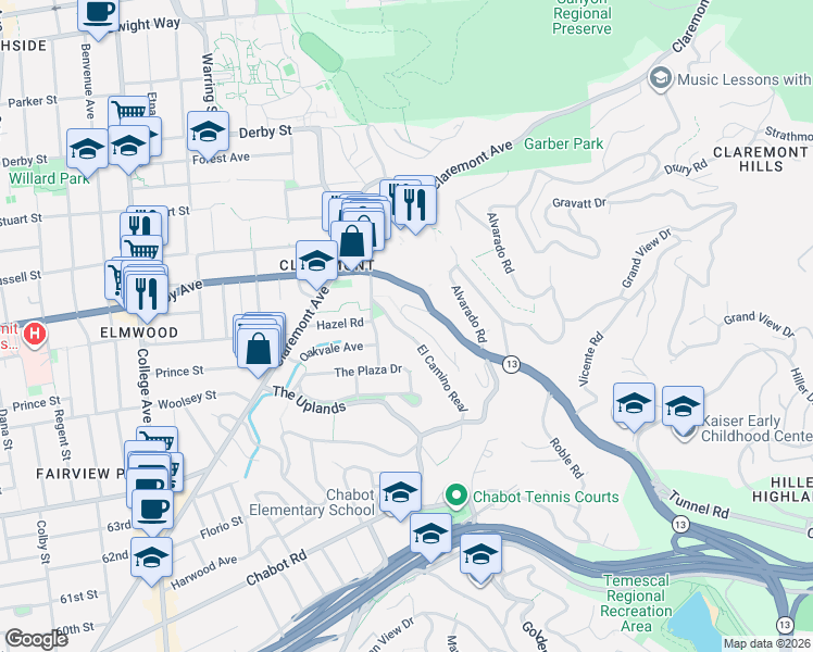 map of restaurants, bars, coffee shops, grocery stores, and more near 44 Oak Ridge Road in Berkeley