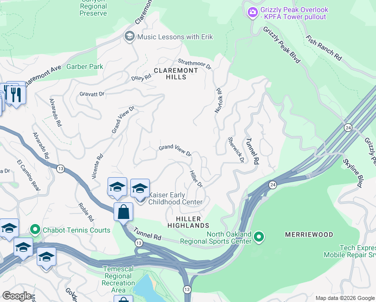 map of restaurants, bars, coffee shops, grocery stores, and more near 1861 Grand View Drive in Oakland