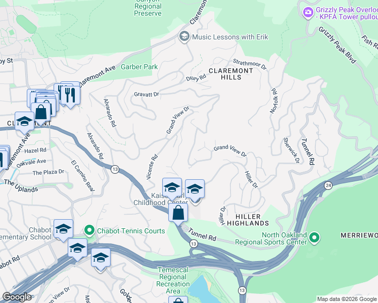 map of restaurants, bars, coffee shops, grocery stores, and more near 1400 Grand View Drive in Berkeley