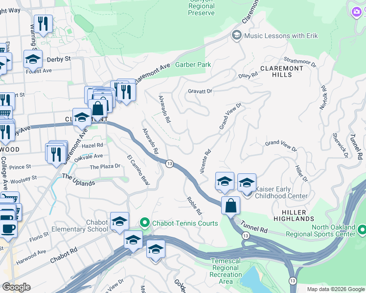 map of restaurants, bars, coffee shops, grocery stores, and more near 244 Alvarado Road in Berkeley