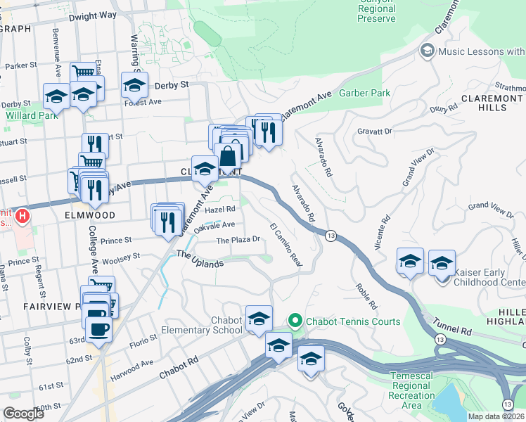map of restaurants, bars, coffee shops, grocery stores, and more near 20 Oak Ridge Road in Berkeley