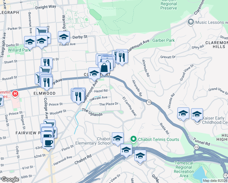 map of restaurants, bars, coffee shops, grocery stores, and more near 40 Domingo Avenue in Berkeley