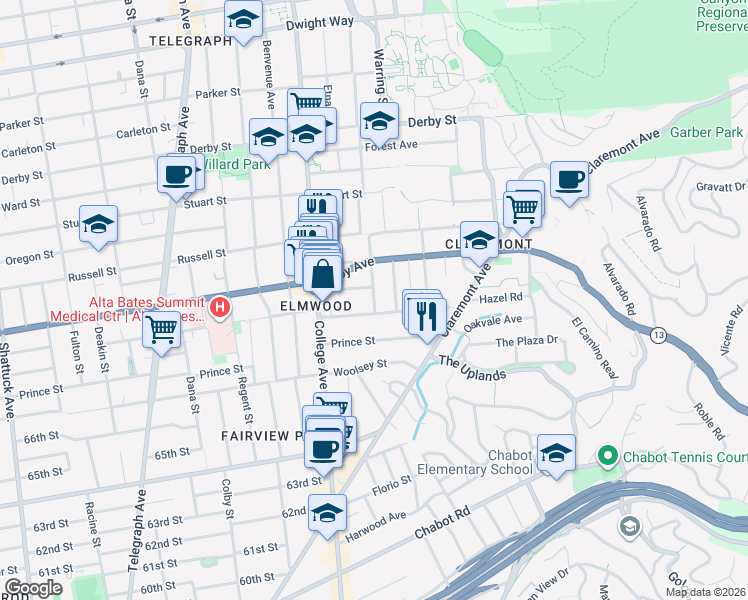 map of restaurants, bars, coffee shops, grocery stores, and more near 2946 Linden Avenue in Berkeley