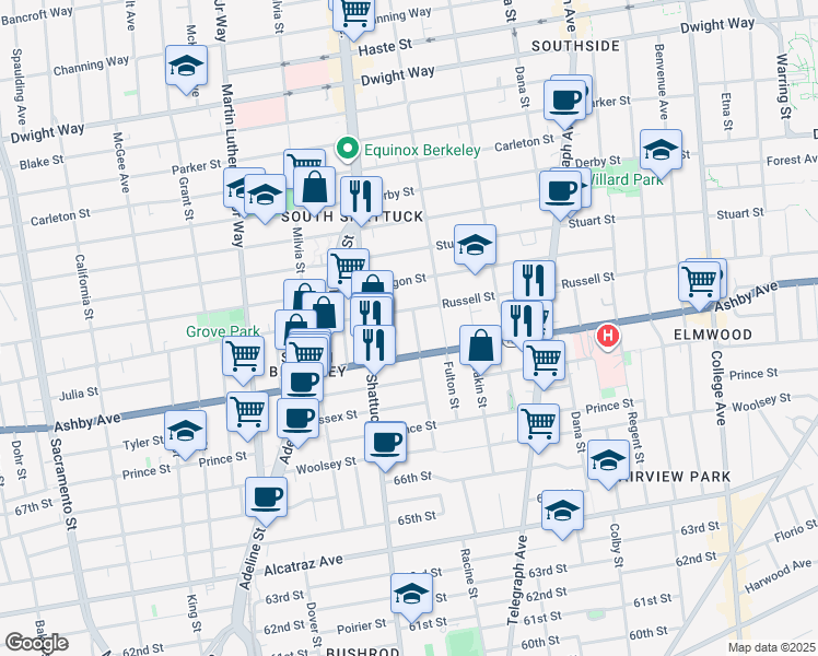 map of restaurants, bars, coffee shops, grocery stores, and more near 2131 Russell Street in Berkeley