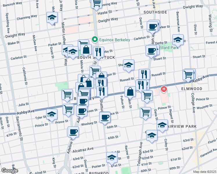 map of restaurants, bars, coffee shops, grocery stores, and more near 2131 Russell Street in Berkeley
