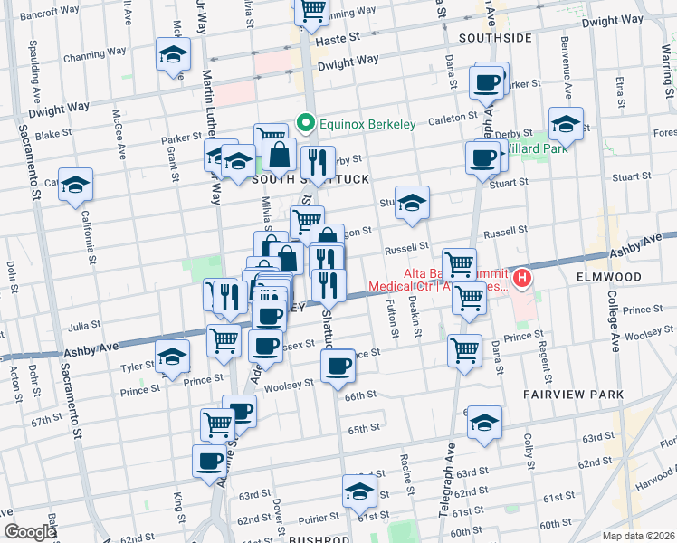 map of restaurants, bars, coffee shops, grocery stores, and more near 2847 Shattuck Avenue in Berkeley