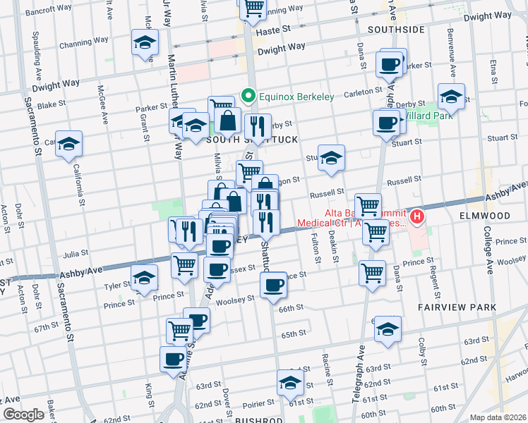 map of restaurants, bars, coffee shops, grocery stores, and more near 2847 Shattuck Avenue in Berkeley