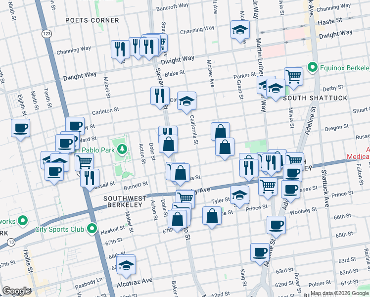 map of restaurants, bars, coffee shops, grocery stores, and more near 1536 Stuart Street in Berkeley