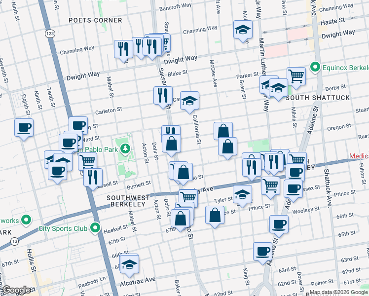 map of restaurants, bars, coffee shops, grocery stores, and more near 1536 Stuart Street in Berkeley