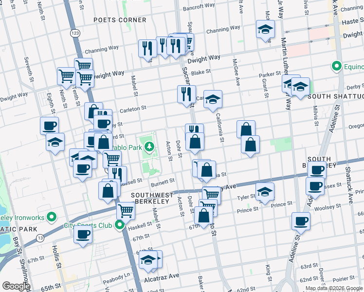 map of restaurants, bars, coffee shops, grocery stores, and more near 2751 Dohr Street in Berkeley