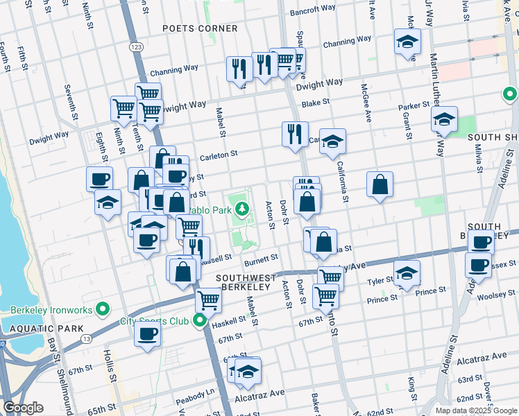 map of restaurants, bars, coffee shops, grocery stores, and more near 2733 Park Street in Berkeley