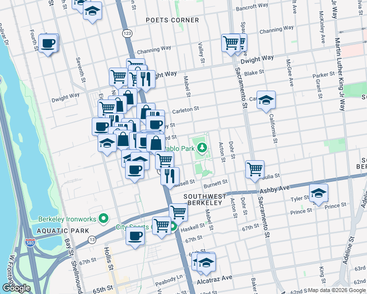 map of restaurants, bars, coffee shops, grocery stores, and more near 2725 Mathews Street in Berkeley