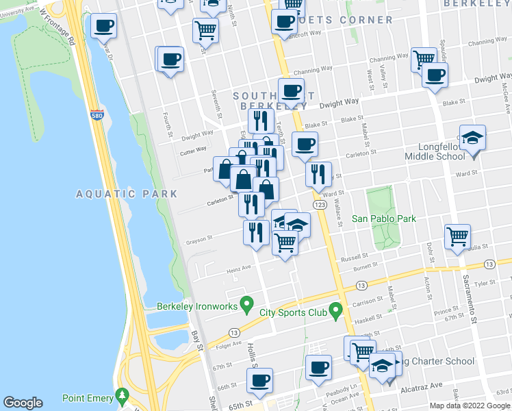map of restaurants, bars, coffee shops, grocery stores, and more near 2706 Eighth Street in Berkeley