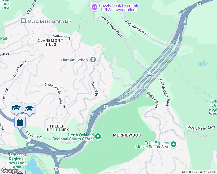 map of restaurants, bars, coffee shops, grocery stores, and more near 220 Caldecott Lane in Oakland