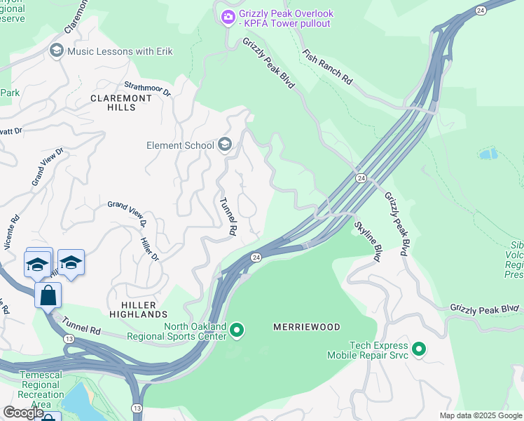 map of restaurants, bars, coffee shops, grocery stores, and more near 200 Caldecott Lane in Oakland