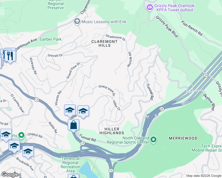 map of restaurants, bars, coffee shops, grocery stores, and more near 1861 Grand View Drive in Oakland