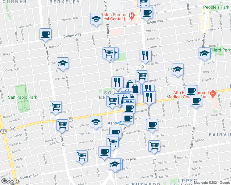 map of restaurants, bars, coffee shops, grocery stores, and more near 1901 Russell Street in Berkeley