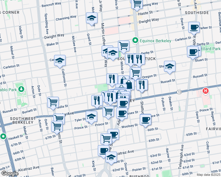 map of restaurants, bars, coffee shops, grocery stores, and more near 1901 Russell Street in Berkeley
