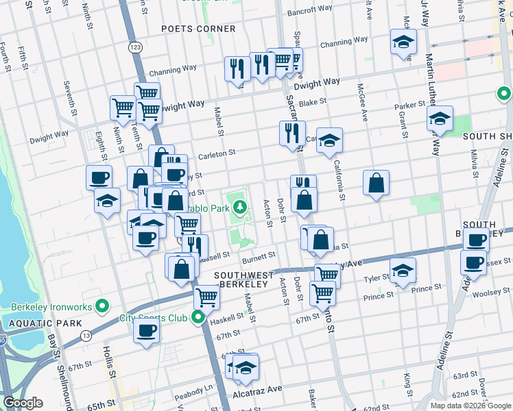 map of restaurants, bars, coffee shops, grocery stores, and more near 2733 Park Street in Berkeley