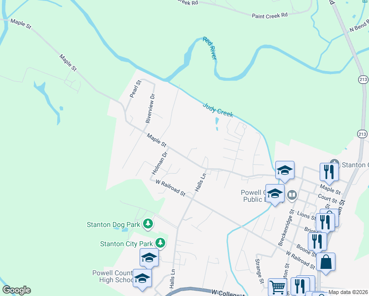 map of restaurants, bars, coffee shops, grocery stores, and more near 695 Maple Street in Stanton
