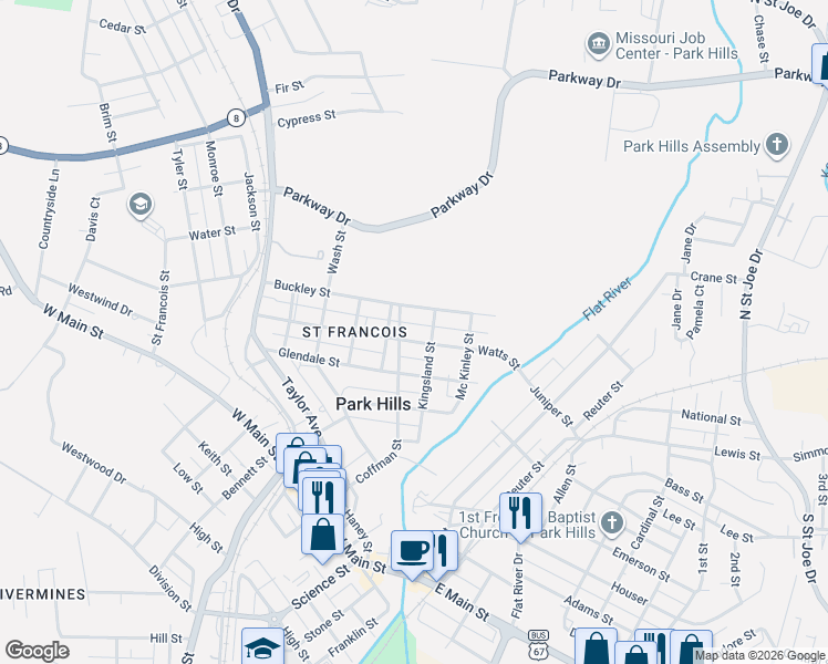 map of restaurants, bars, coffee shops, grocery stores, and more near 201 Buckley Street in Park Hills