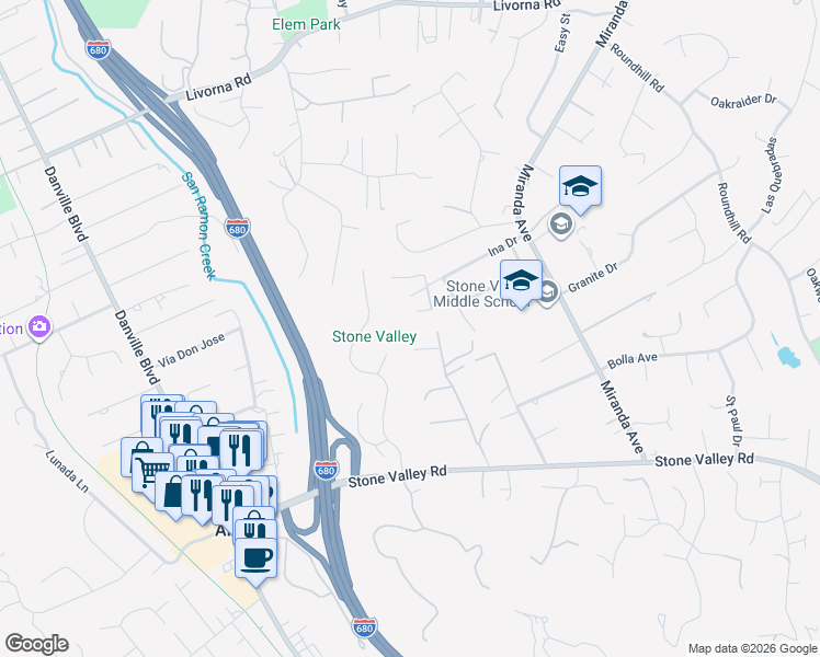 map of restaurants, bars, coffee shops, grocery stores, and more near 1055 Ina Drive in Alamo