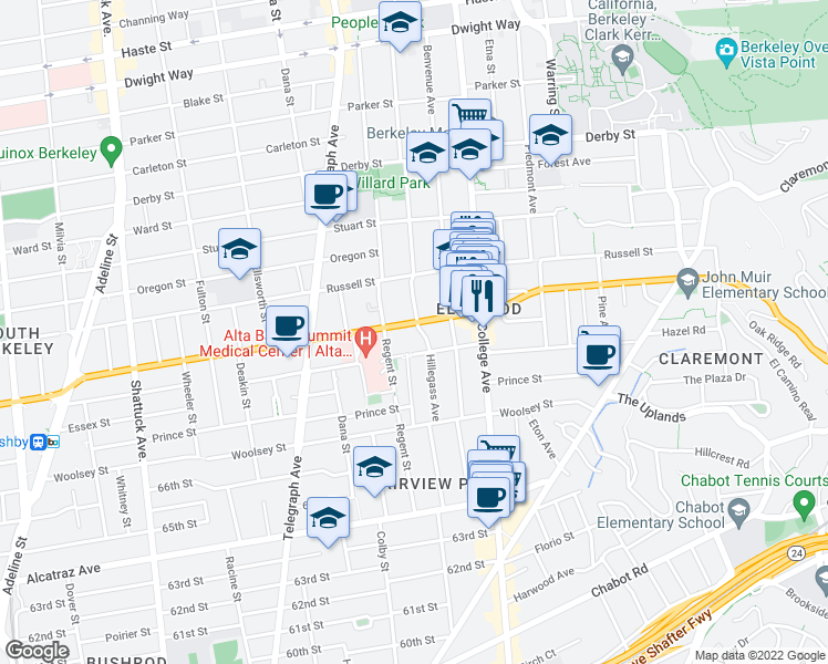 map of restaurants, bars, coffee shops, grocery stores, and more near 2942 Hillegass Avenue in Berkeley