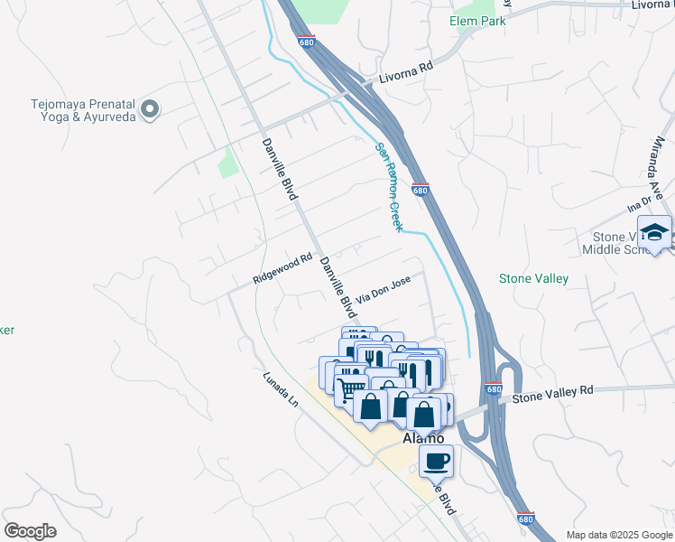 map of restaurants, bars, coffee shops, grocery stores, and more near 1494 Cedar Lane in Alamo