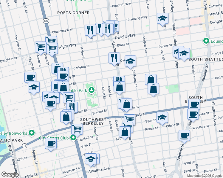 map of restaurants, bars, coffee shops, grocery stores, and more near 2751 Dohr Street in Berkeley