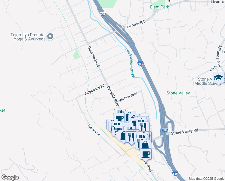map of restaurants, bars, coffee shops, grocery stores, and more near 1494 Cedar Lane in Alamo