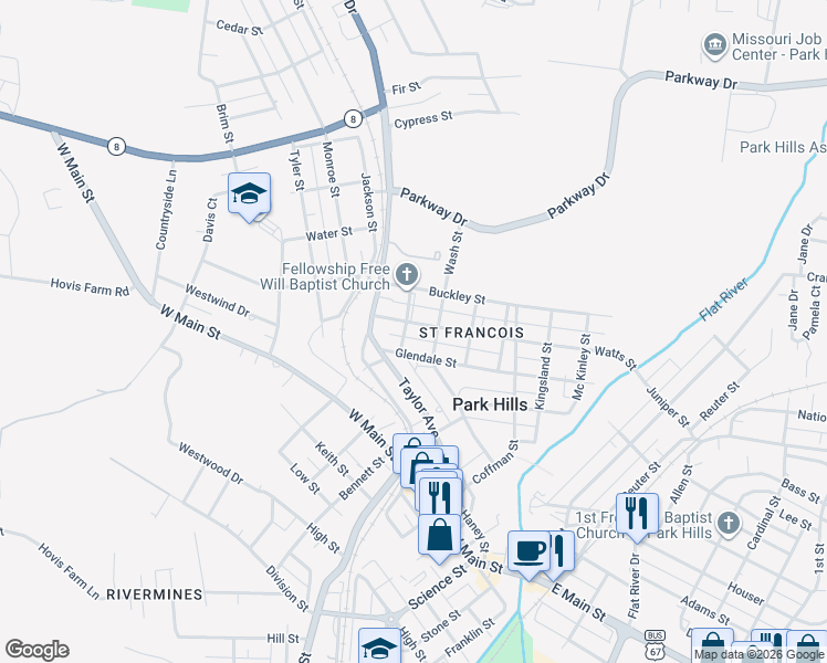 map of restaurants, bars, coffee shops, grocery stores, and more near 603 Washington Street in Park Hills
