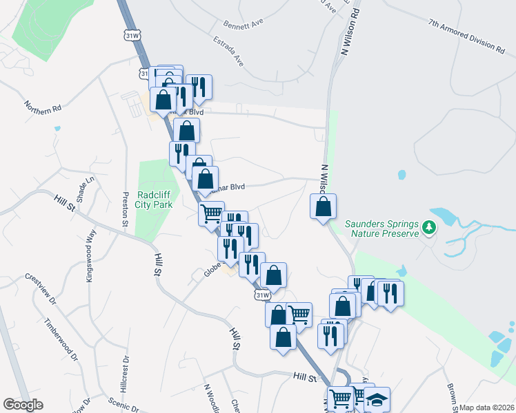 map of restaurants, bars, coffee shops, grocery stores, and more near 233 Redmar Lane in Radcliff