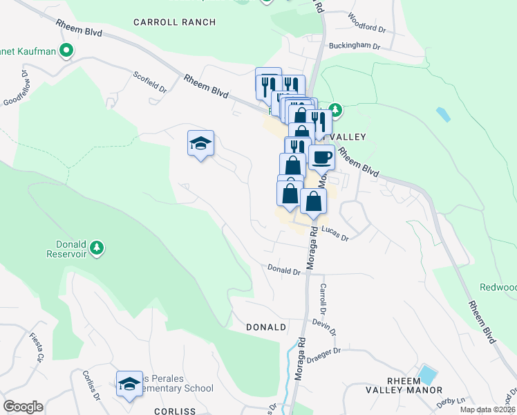 map of restaurants, bars, coffee shops, grocery stores, and more near 2039 Ascot Drive in Moraga