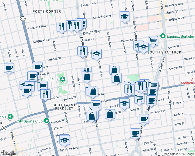 map of restaurants, bars, coffee shops, grocery stores, and more near 1536 Stuart Street in Berkeley