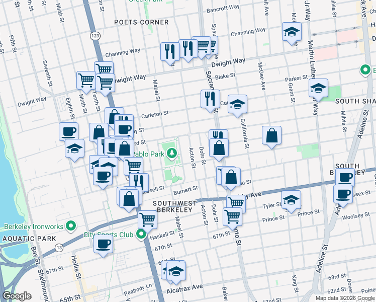 map of restaurants, bars, coffee shops, grocery stores, and more near 2733 Park Street in Berkeley