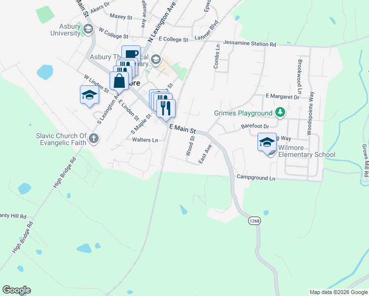 map of restaurants, bars, coffee shops, grocery stores, and more near 104 Wood Street in Wilmore