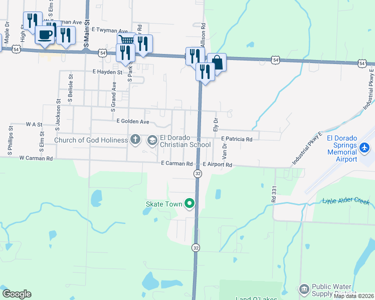 map of restaurants, bars, coffee shops, grocery stores, and more near 1602-1698 S Vernon St in El Dorado Springs