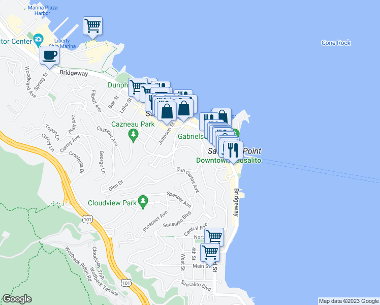 map of restaurants, bars, coffee shops, grocery stores, and more near 168 Harrison Avenue in Sausalito
