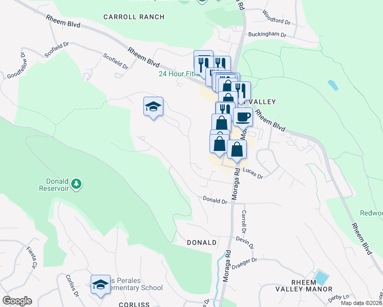 map of restaurants, bars, coffee shops, grocery stores, and more near 2039 Ascot Drive in Moraga