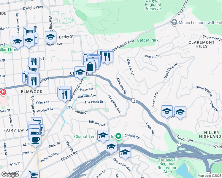 map of restaurants, bars, coffee shops, grocery stores, and more near 65 Tunnel Road in Berkeley