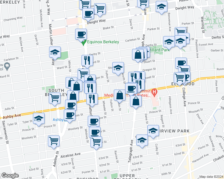 map of restaurants, bars, coffee shops, grocery stores, and more near 2901 Fulton Street in Berkeley